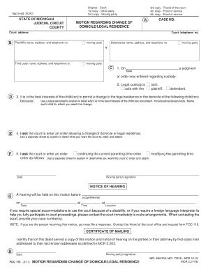 Motion Regarding Change of Domicile/Legal Residence