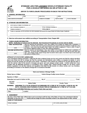 Texas Vehicle Storage Lien Form