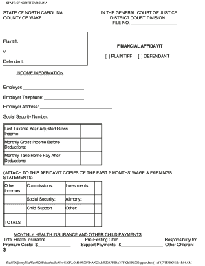 North Carolina Financial Affidavit for Child Support