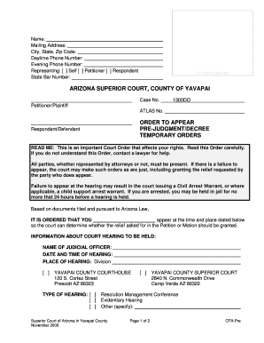 Arizona Order to Appear Temporary Orders