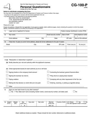 New York State CG-100-P Personal Questionnaire
