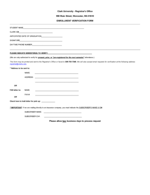 Clark University Enrollment Verification Form