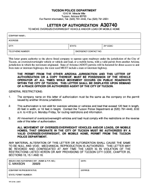 Tucson Oversize Vehicle Authorization Letter