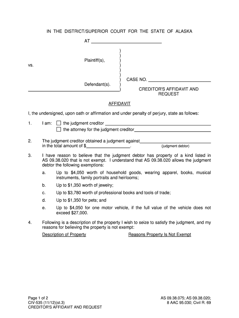 alaska creditor affidavit request form Preview on Page 1