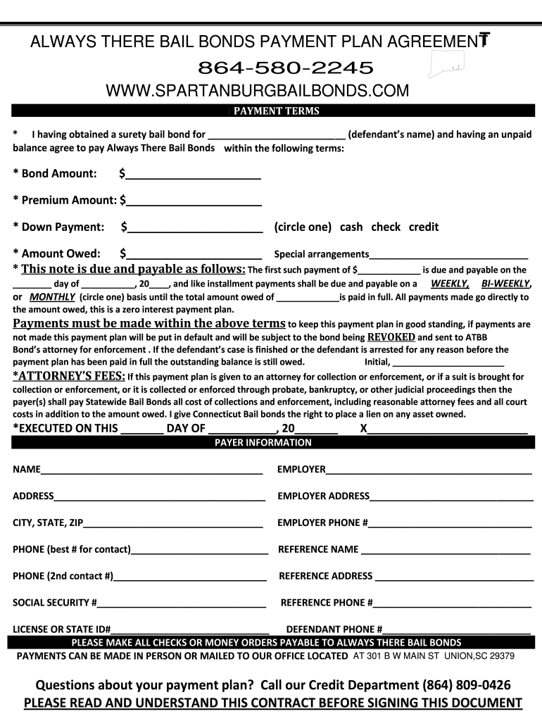 Bail Bonds Payment Plan Agreement Fill Online Printable Fillable