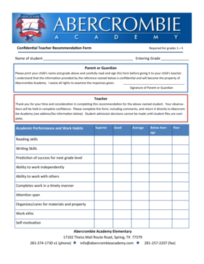 Teacher recommendation form - Onfidential Teacher Recommendation Form