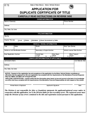 New Mexico Duplicate Certificate of Title Application