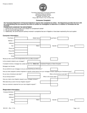Tennessee Consumer Complaint Form