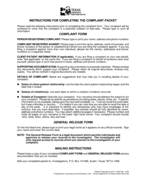 Texas Complaint Form for Professional Licensing