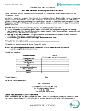 Sandia Biometric Screening Documentation Form
