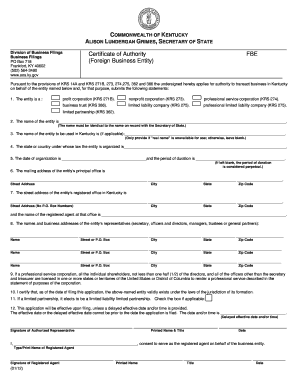 Kentucky Foreign Business Entity Certificate of Authority