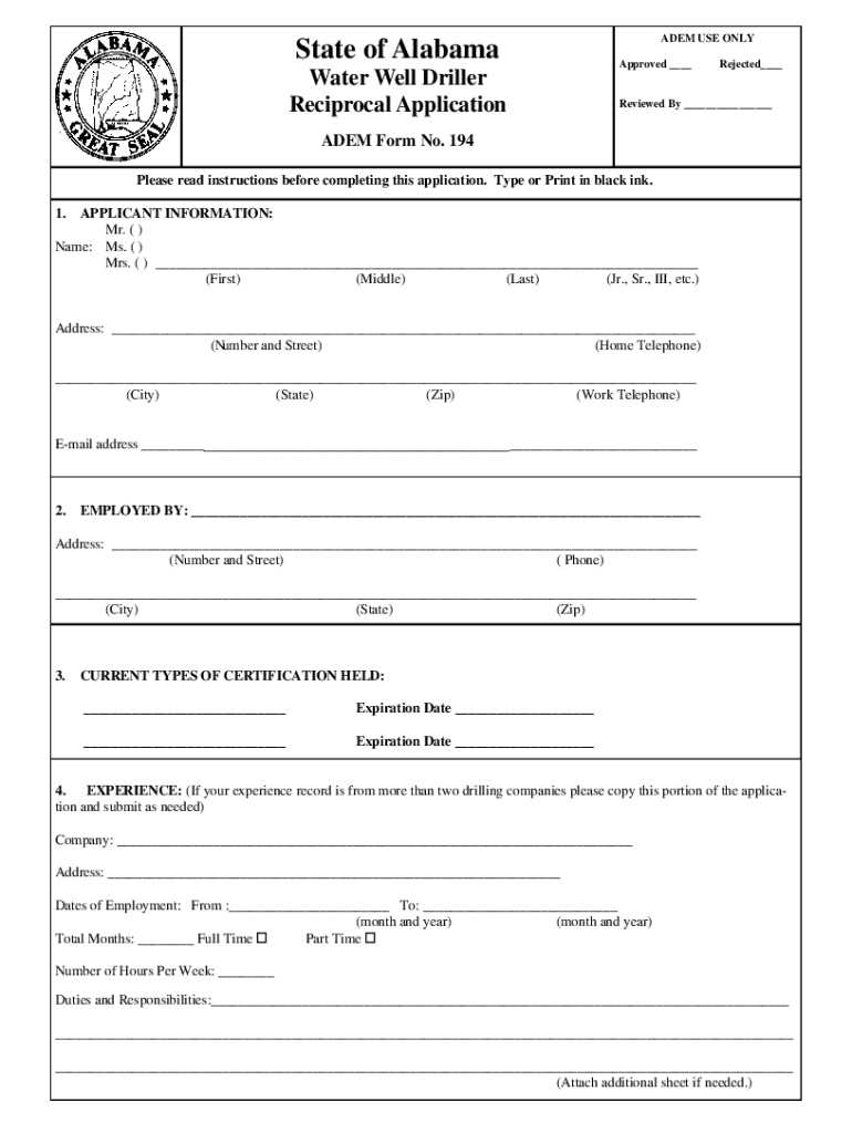 Fillable Online State of Alabama Water Well Driller Reciprocal