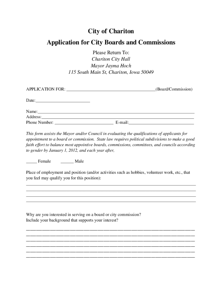 Fillable Online City of Chariton Application for City Boards and