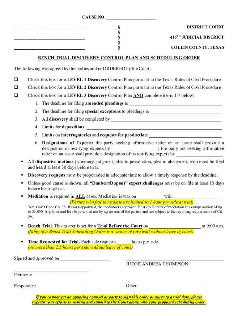 Fillable Online bench trial discovery control plan and scheduling