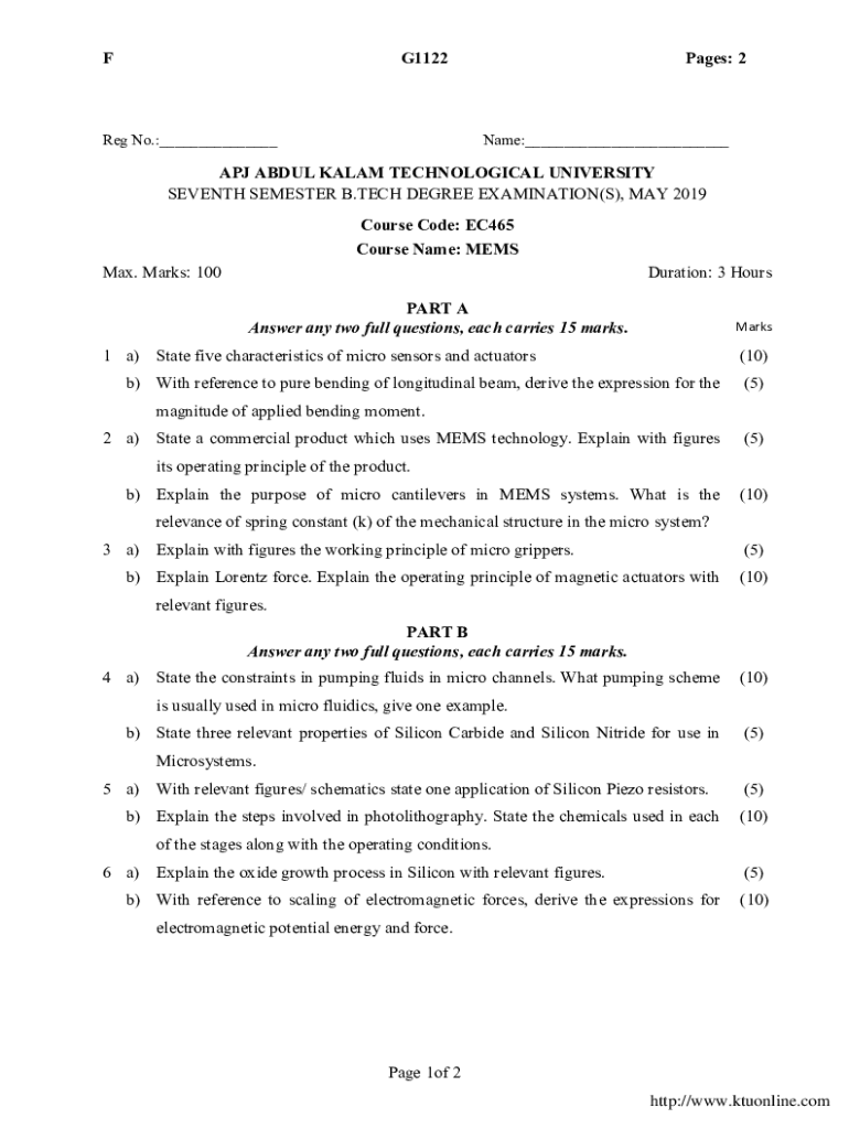 Fillable Online KTU Question Papers All Courses All Semester, KTU BTECH ...