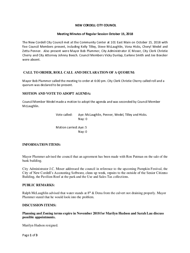 Fillable Online The New Cordell City Council met at the Community