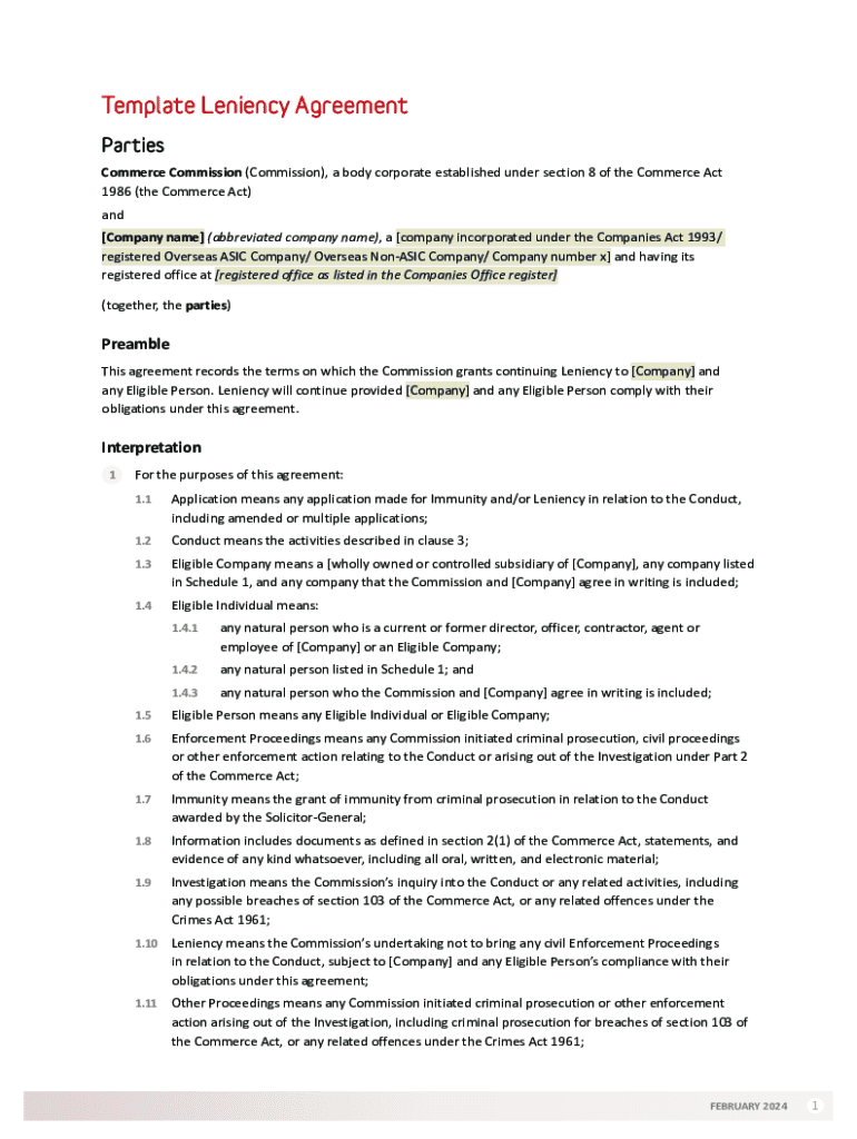 Fillable Online Template Leniency Agreement Fax Email Print - pdfFiller