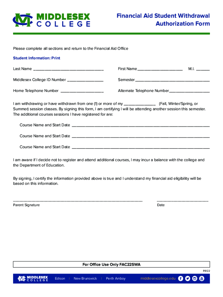 Fillable Online MIDDLESEX COMMUNITY COLLEGE WITHDRAWAL FORM Fax Email