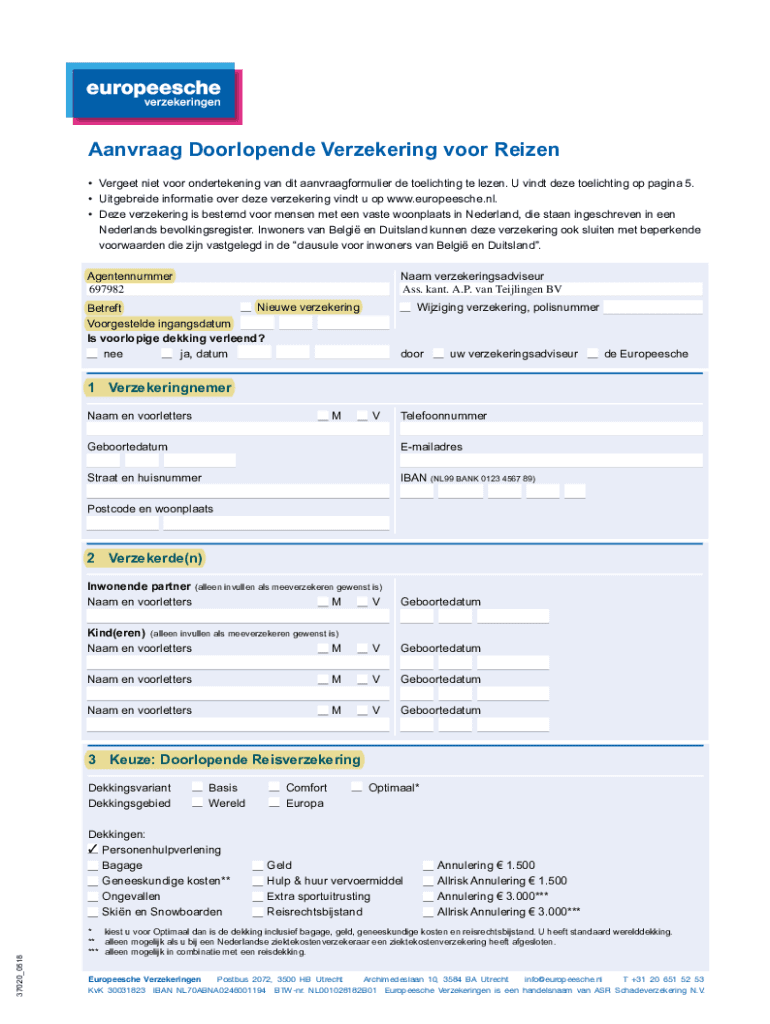 Invulbaar Online Aanvraag doorlopende Verzekering voor Reizen Ik kies