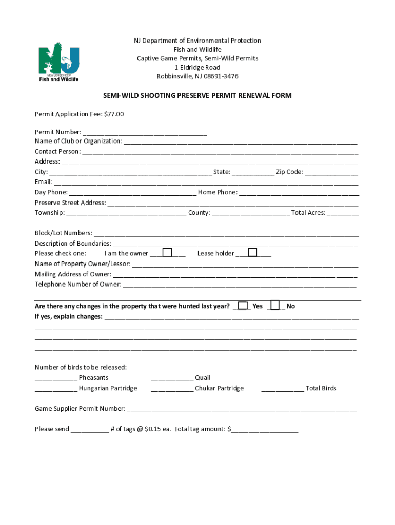 Semi-Wild Shooting Preserve Permit Renewal Form Preview on Page 1