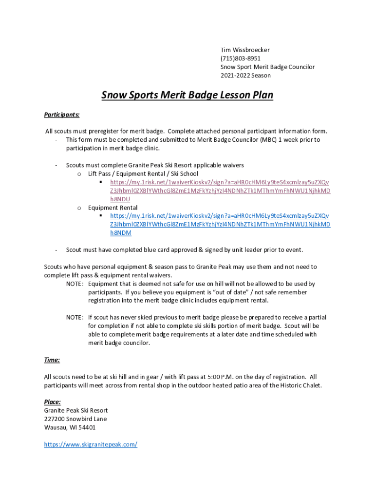 Fillable Online Snow Sports Merit Badge Lesson Plan Fax Email Print