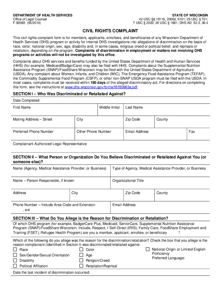 wi dhhs form f 80983 Preview on Page 1