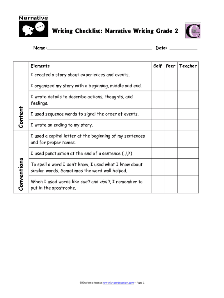 Fillable Online Lucy calkins narrative writing checklist grade 2 form