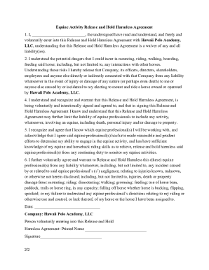 Equine Activity Release and Hold Harmless Agreement 1. I