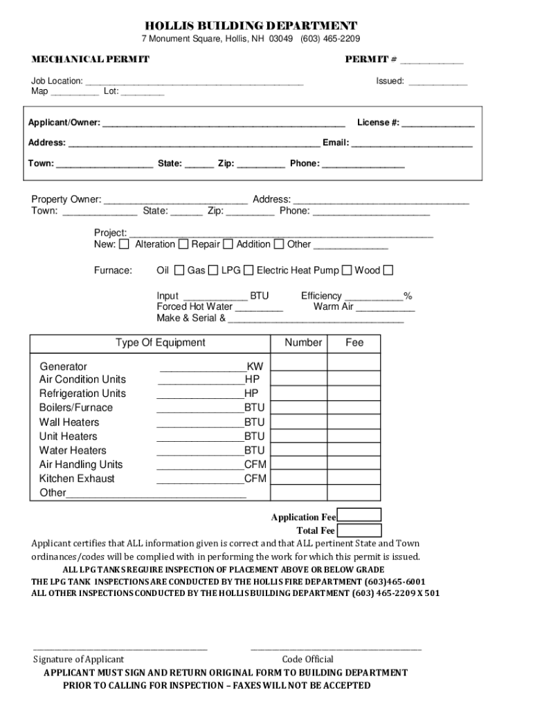 Fillable Online HOLLIS BUILDING DEPARTMENT Type Of Equipment Number Fee