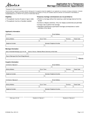 Alberta Temporary Marriage Commissioner Application