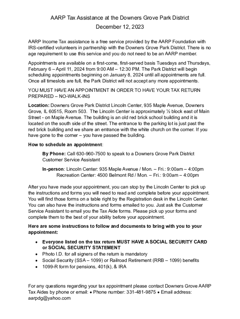 Fillable Online AARP Tax Assistance at the Downers Grove Park District ...