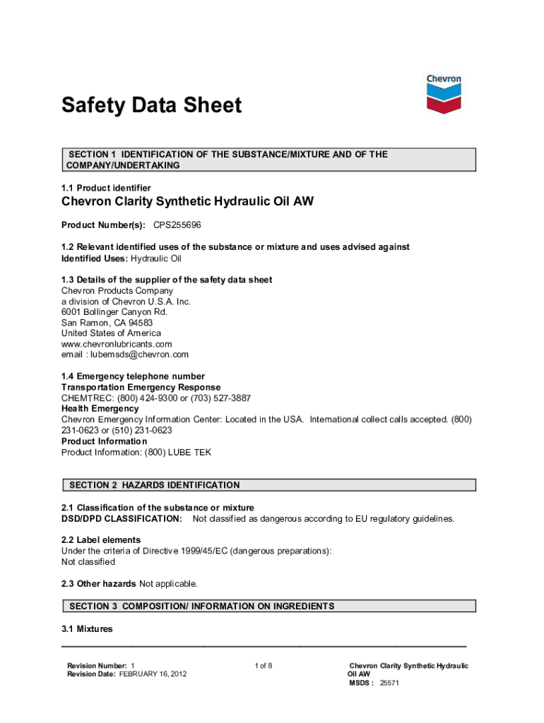 Fillable Online Chevron Clarity Synthetic Hydraulic Oil AW 68 MSDS Fax