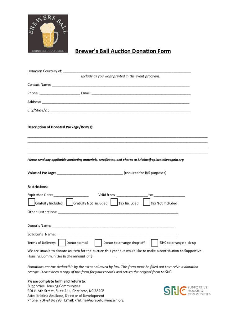 Fillable Online Brewer's Ball Auction Donation Form Fax Email Print