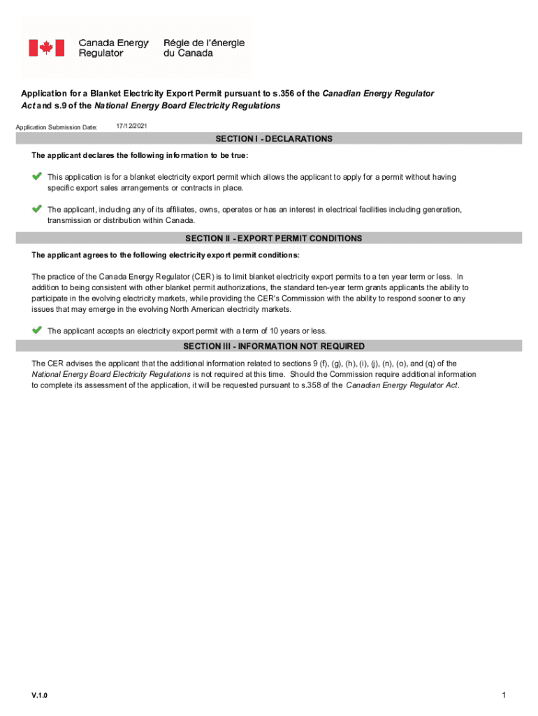 Fillable Online Application for a Blanket Electricity Export Permit