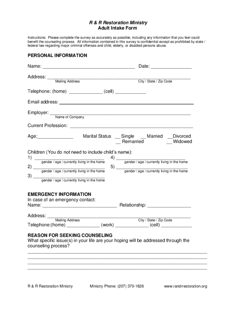 Fillable Online R & R Restoration Ministry Adult Intake Form Fax Email ...