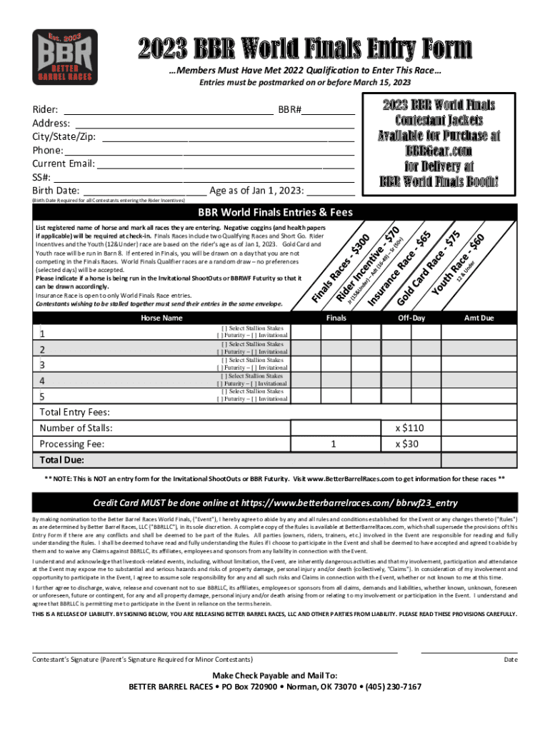 Fillable Online Better Barrel Races BBR World Finals Stall Mat and Golf... Fax Email Print