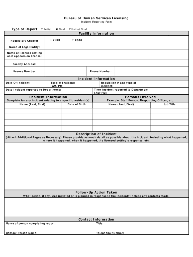 bureau of human services licensing incident reporting form Preview on Page 1