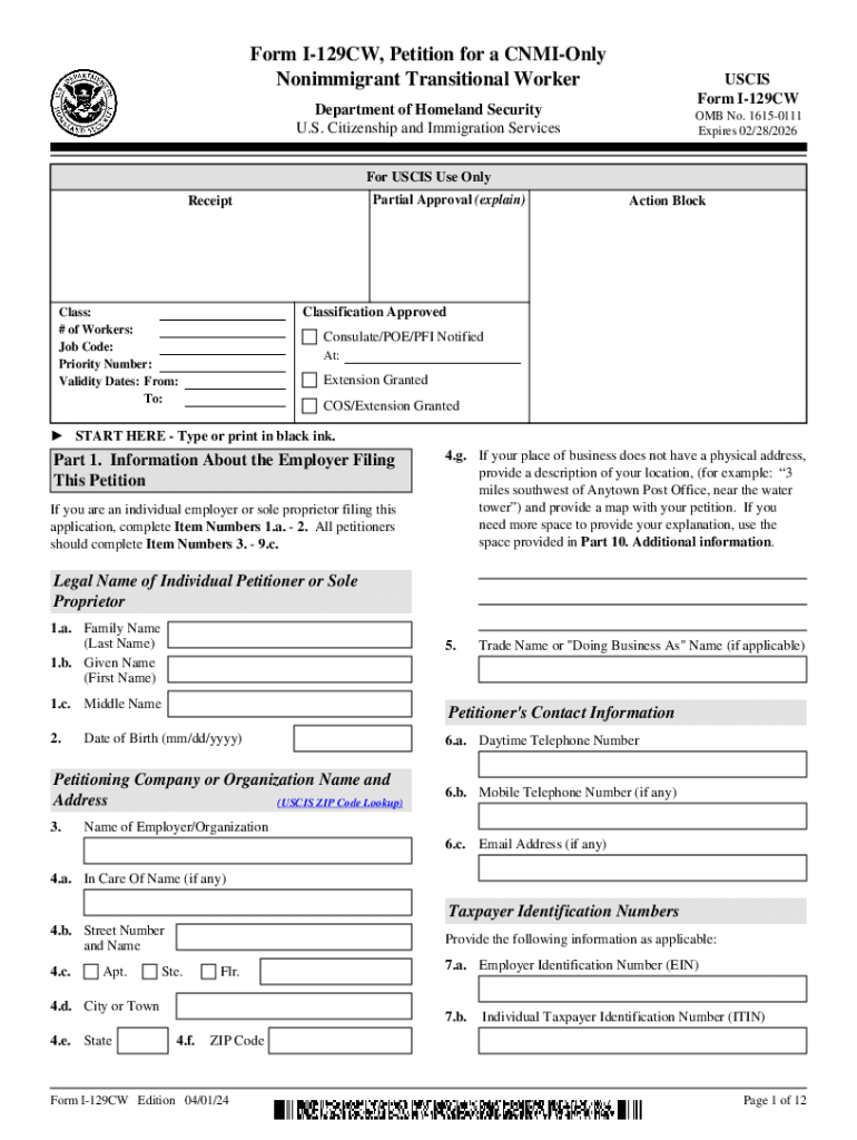 Form I-129CW, Petition for a CNMI-OnlyNonimmigrant Transitional Worker Preview on Page 1