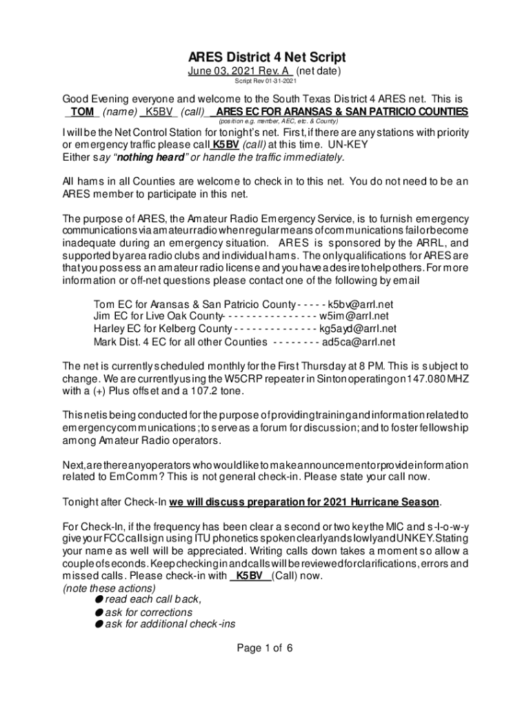Fillable Online ARES Net Control Script and Net Control Schedule Fax