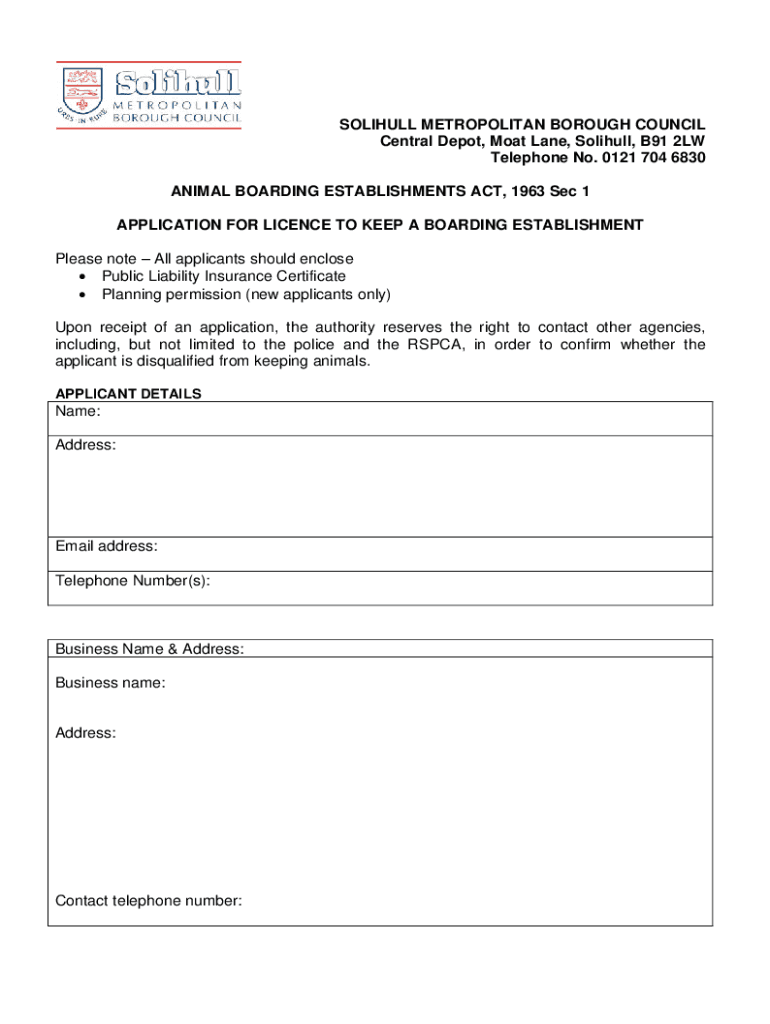 Fillable Online Animal Boarding Application. Animal Boarding