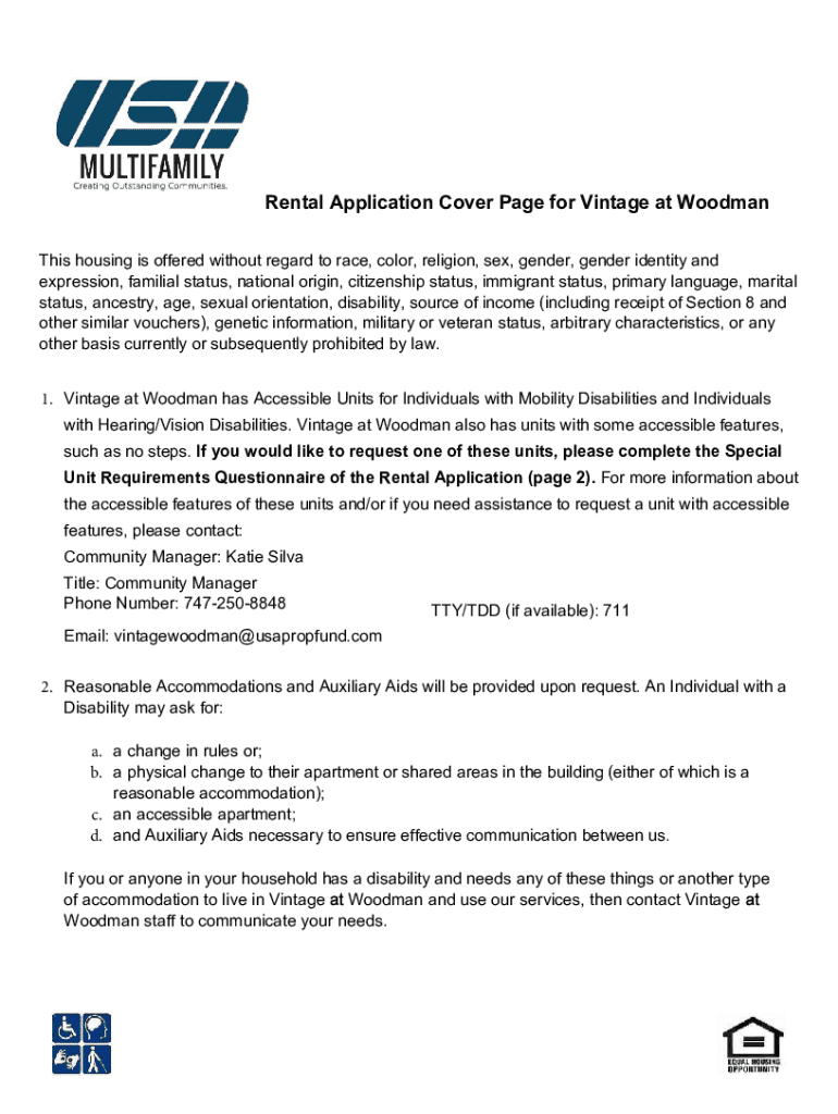 Fillable Online Rental Application Cover Page for Vintage at Woodman