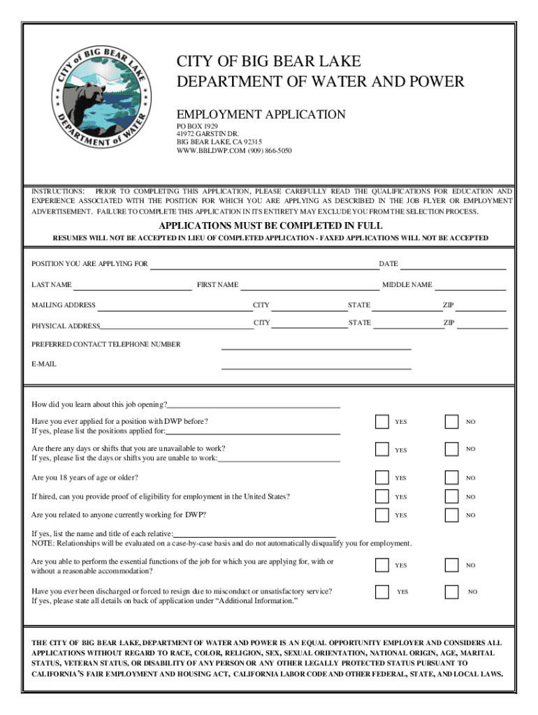 Fillable Online City of Big Bear Lake Department of Water and Power
