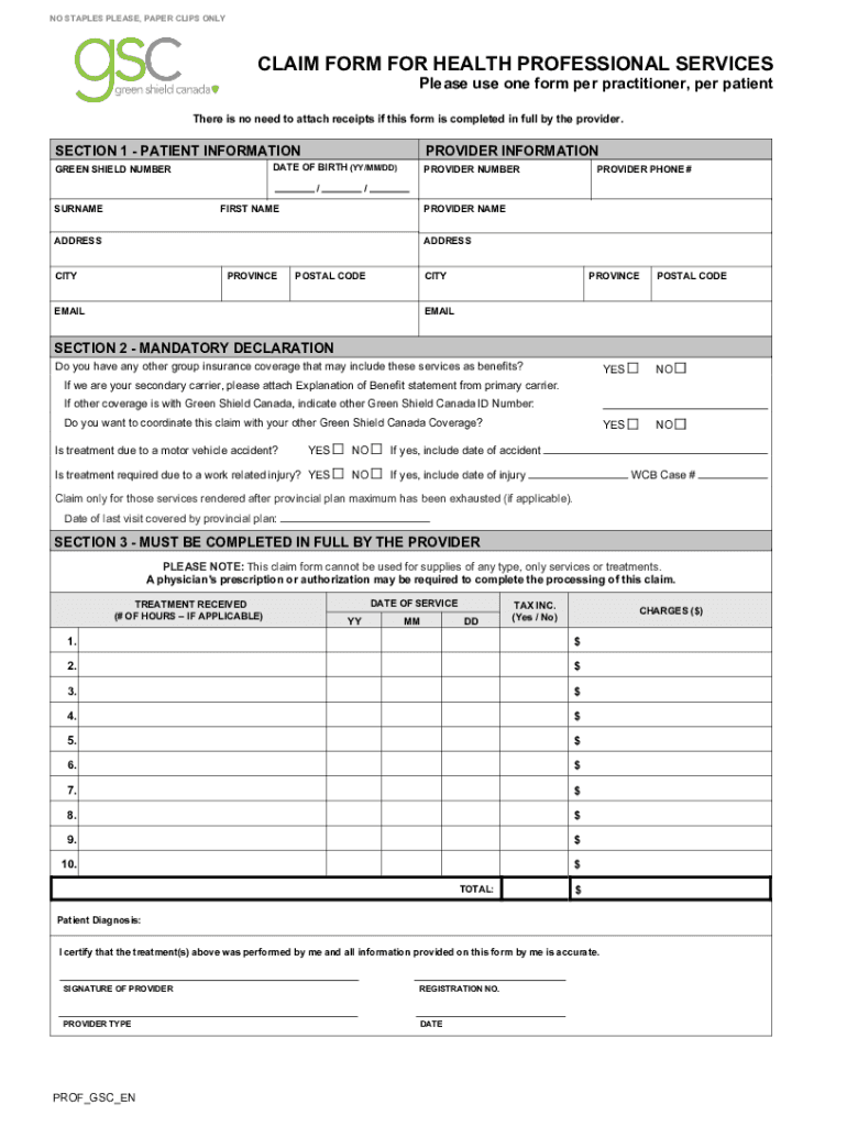 CLAIM FORM FOR HEALTH PROFESSIONAL SERVICES Preview on Page 1