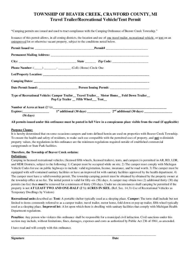 Fillable Online Travel Trailer/Recreational Vehicle/Tent Permit Fax
