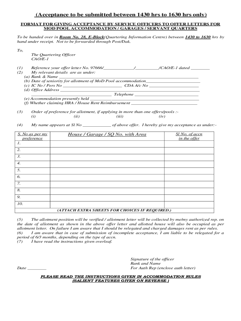 Fillable Online (Acceptance to be submitted between 1430 hrs to 1630 ...