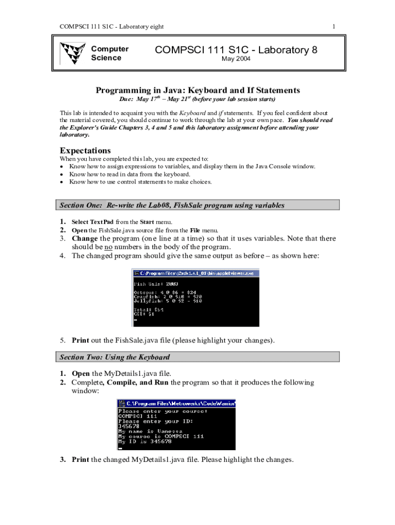 Fillable Online Programming in Java: Keyboard and If Statements Fax ...