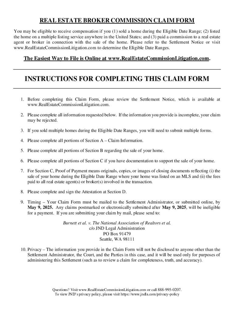 Real Estate Commission Litigation Eligible Date Range Fillable Online real estate broker commission claim form Fax Email