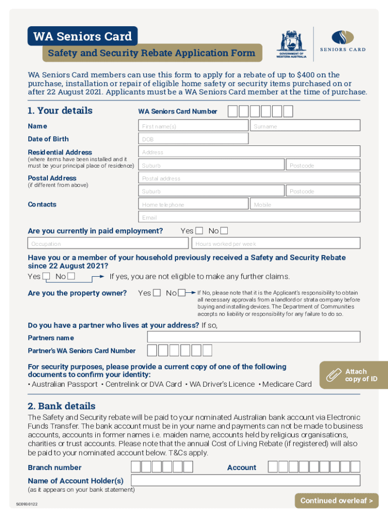 Fillable Online WA Seniors Card Safety and Security Rebate Application