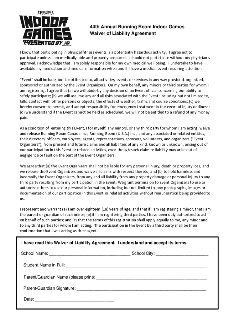 Fillable Online 44th Annual Running Room Indoor Games Waiver of