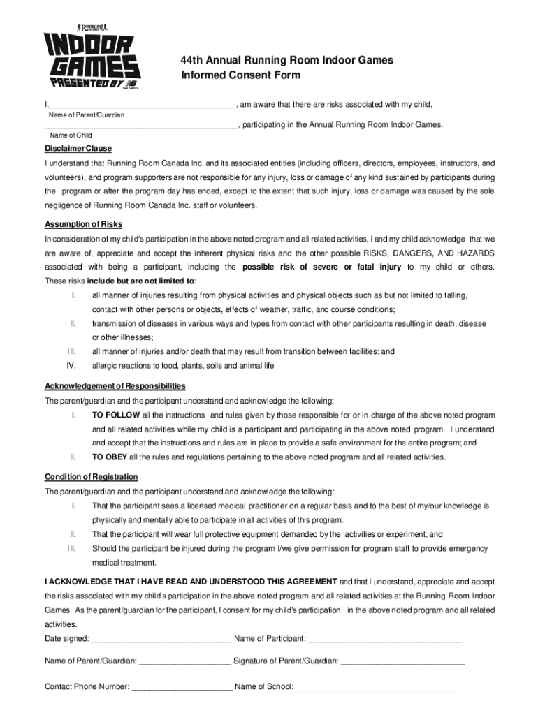 Fillable Online 44th Annual Running Room Indoor Games Informed Consent